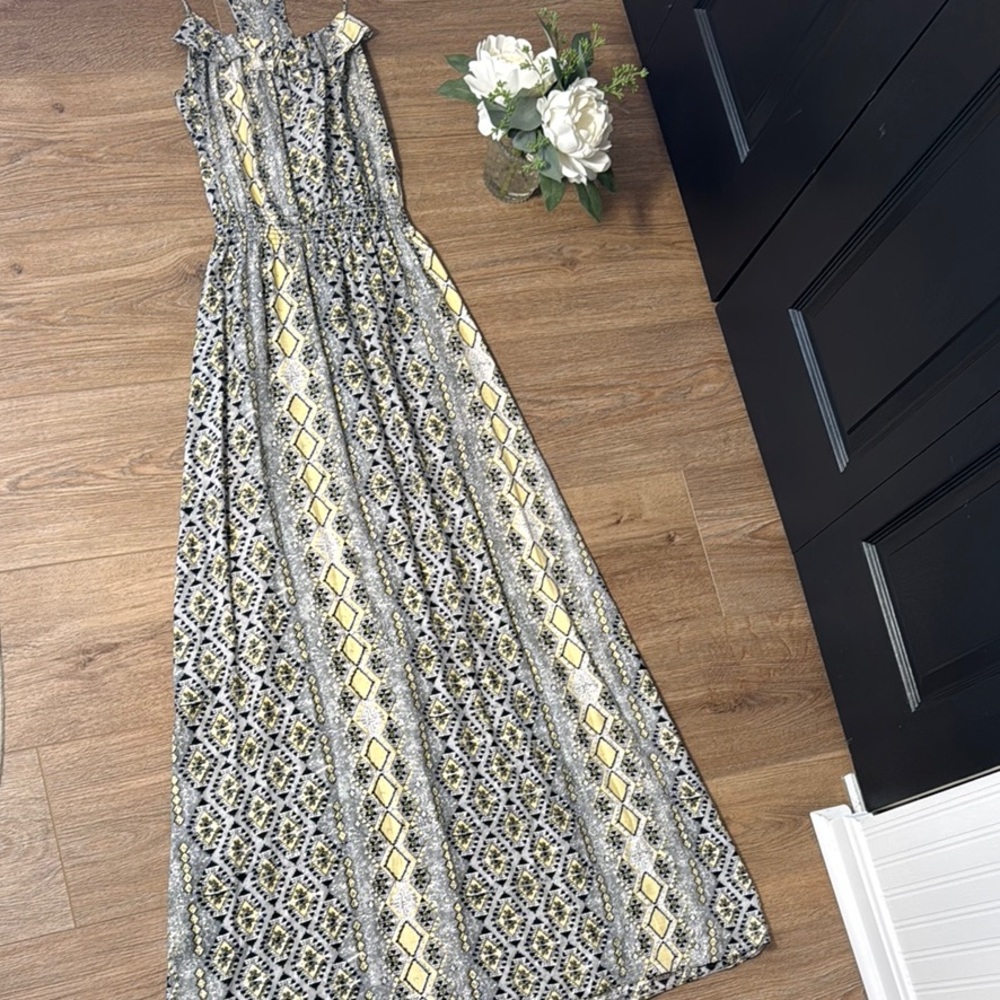 Parker Yellow and Black Halter Maxi Sundress 100% Silk